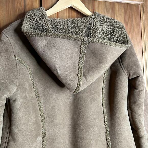 Vintage L.L. Bean Sherpa Lined Suede Toggle Coat Women’s Small Hooded Brown Barn - Picture 5 of 10